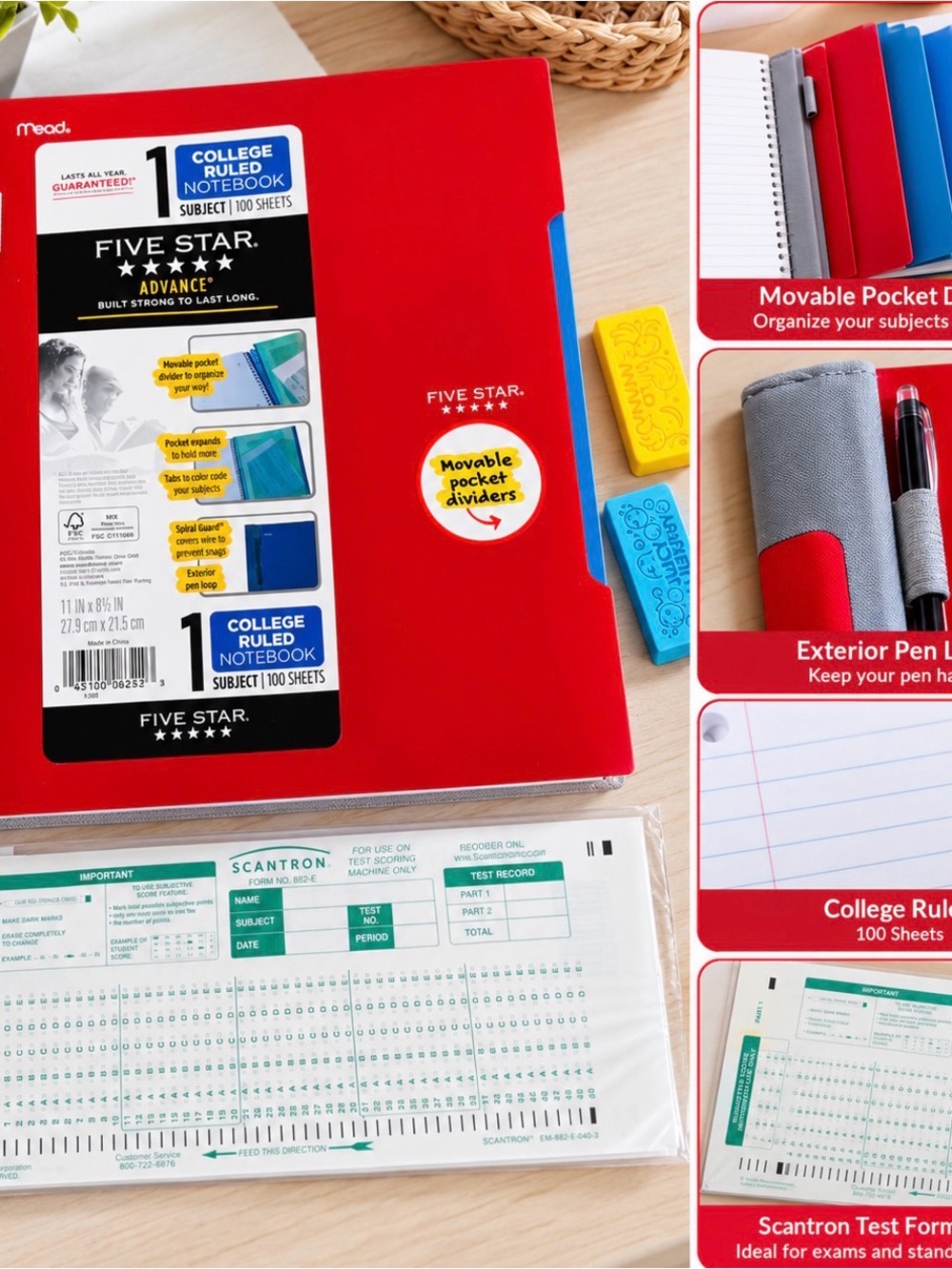 Five Star Red College-Ruled Notebook with Pen Loop and Movable Dividers